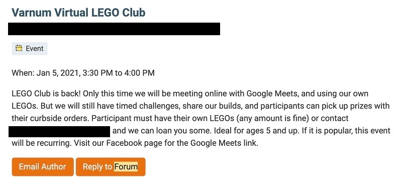 Example post about a Lego club.